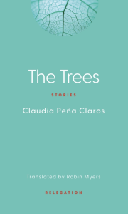 Cover of The Trees, featuring white text and a close-up of a leaf on a teal background.