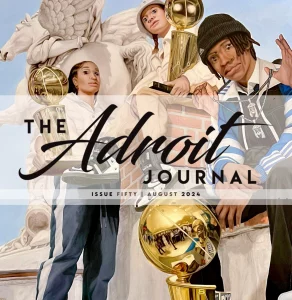 Cover image for The Adroit Journal, featuring an illustration of three athletes, each of whom holds a trophy and looks out at the reader with two or three pairs of eyes.