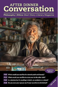 Cover of After Dinner Conversation, featuring an image of an old man with grey hair and a beard standing at a counter and looking off to the side.