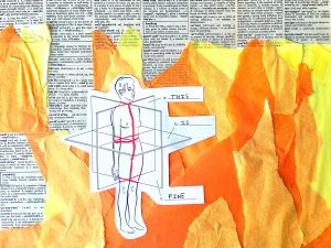 Cover image for manywor(l)ds, featuring a collage with a background of dictionary entries, orange and yellow paper in the shape of flames, and a drawing of a person with three square panels dividing their body into parts, labeled "This is fine."