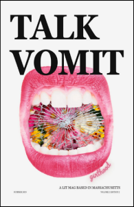 Cover of Talk Vomit, featuring an image of an open mouth filled with flowers and broken glass wearing pink lipstick.