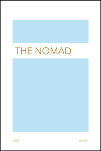 The cover of The Nomad, featuring the name of the magazine in beige text in between two blue light rectangles.