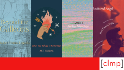 A red and white graphic featuring 4 book covers from the Filipino American History Month reading list.