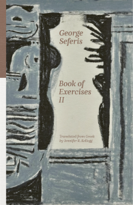 Cover of Book of Exercises II by George Seferis, featuring an abstract illustration of blue-gray shapes surrounding a white rectangle that has black shapes on its border. 