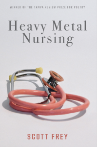 Cover of Heavy Metal Nursing by Scott Frey, featuring a photograph of a pink stethoscope on a white background. 