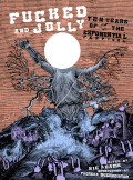 Cover of Fucked and Jolly: Ten Years of the Exponential Festival, featuring an illustration of a towering figure with a white circle covering its face, wearing white robes and holding tree branches over a crowd of purple figures with large robes and rabbit heads. 