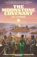 Cover of The Moonstone Covenant by Jill Hammer, featuring an illustration of four figures in colorful outfits overlooking a city made up of light brown buildings on various islands, connected by long bridges over a body of water that is reflecting a pink and purple sunset. 