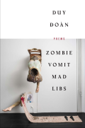 Cover of Zombie Vomit Mad Libs by Duy Đoàn, featuring a sculpture made up of a statue of a person hunched over attached to a wooden chair, a wire attaching the statue’s foot to an outlet, and a long beige rug with a foot attached to it. 