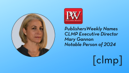 photo of Mary Gannon on blue background with black type: Publishers Weekly Names CLMP Executive Director Notable Person of 2024