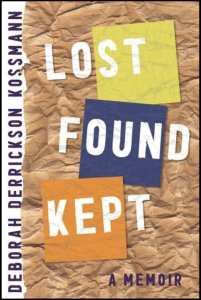 Cover of Lost Found Kept: A Memoir by Deborah Derrickson Kossmann, featuring white and purple text on a brown crinkled background, and three squares that are yellow, blue, and orange. 