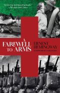 Cover of A Farewell to Arms by Ernest Hemingway, featuring a red cross over black and white photographs of a propeller plane, a soldier kissing a woman, and soldiers marching single file. 