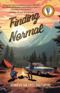 Cover of Finding Normal by Jennifer Salvato Doktorski, featuring an illustration of two teenagers by a campfire, one standing and one kneeling, against a background of green trees, blue mountains, and a pink sunset. 