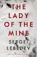 Cover of The Lady of the Mine by Sergei Lebedev, featuring red text over a white background with two black handprints in the corners. 