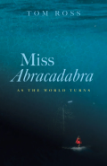 Cover of Miss Abracadabra by Tom Ross, featuring a background fading from teal to black, and an illustration of a girl in a red coat walking next to a streetlamp. 