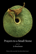 Cover of Prayers to a Small Stone by Jo Brachman, featuring a green leaf curled into a circle with a hole in its center against a black background. 