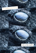  Cover of She Is the Earth by Ali Cobby Eckermann, featuring three overlapping photographs of a black animal’s eye reflecting a foggy mountain landscape. 