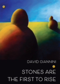 Cover of Stones are the First to Rise by David Giannini, featuring a painting of two yellow, round shapes on a green and yellow surface against a blue background. 