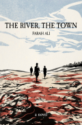 Cover of The River, the Town by Farah Ali, featuring an illustration of three black figures walking on a rocky red, white, and black landscape against a light blue and white sky. 